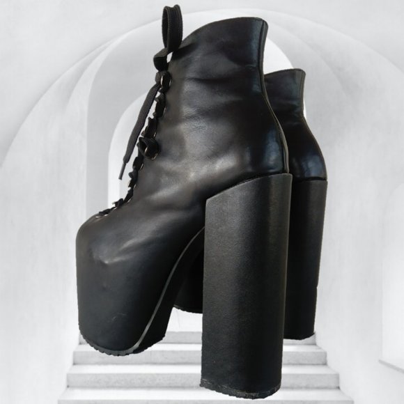 UNIF 7 BLACK LEATHER HELLHOUND PLATFORM BOOTS goth club dance Halloween U.N.I.F. - Picture 7 of 16